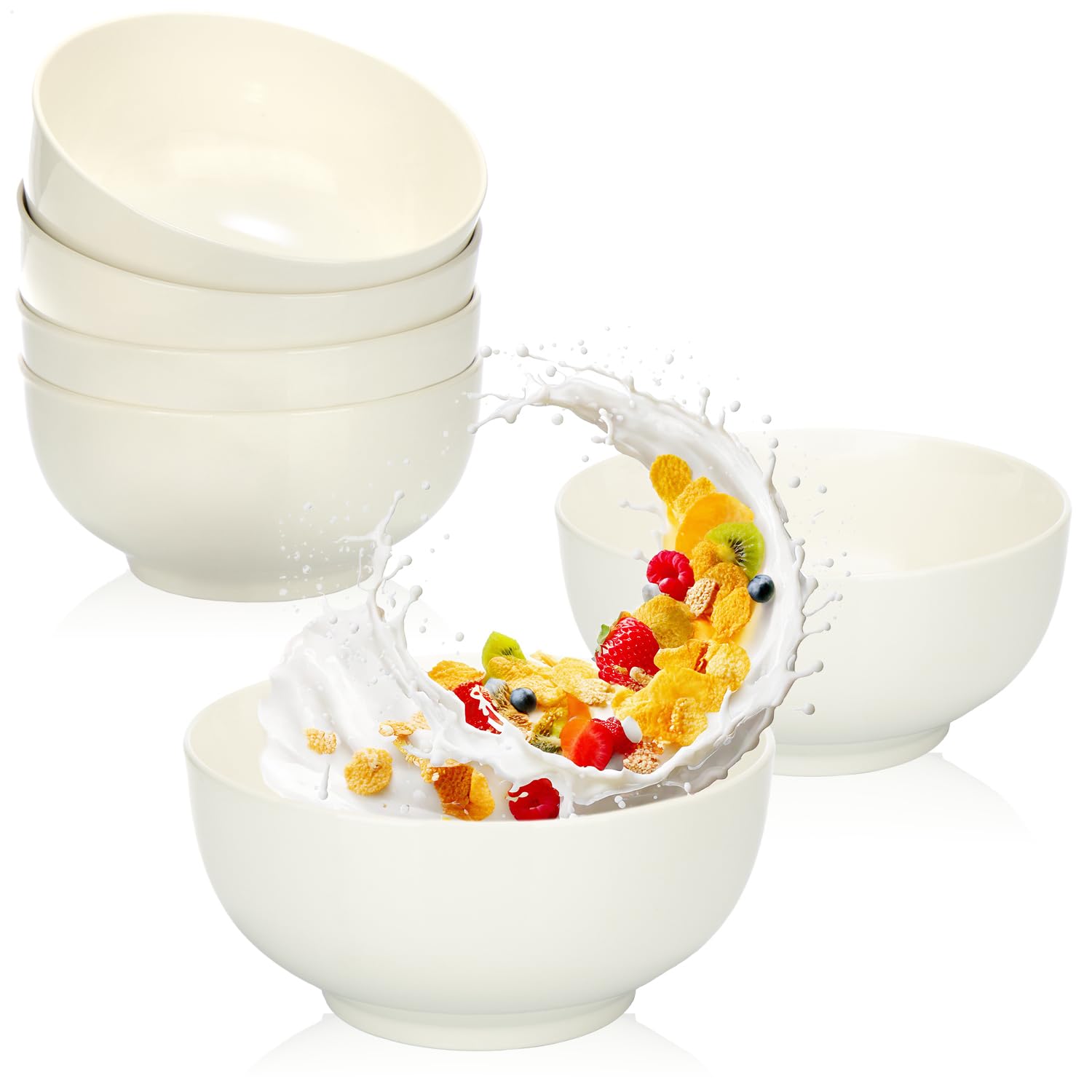 com-four® 6X Cereal Bowl Made of Porcelain up to 600 ml - White Bowl, Stackable - Basic Bowls White - Snack Bowl for Dessert, Snacks or ice Cream - 6 People (6 Pieces - White. Without Decor)