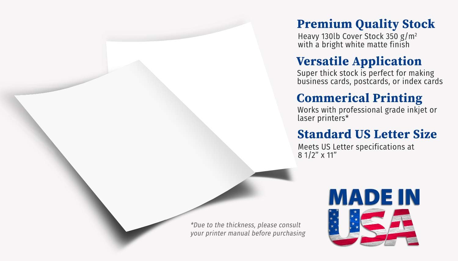 Extra Heavy Duty 130lb Cover Cardstock - Bright White - 350gsm 17pt Thick Paper for Inkjet & Laser Printers - 8-1/2" x 11" - 100 Pack : Office Products