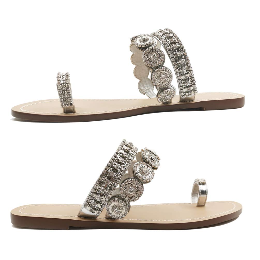 AIJIVOU Women's Rhinestone Flat Sandals, Women Flip Flops with Clip Toe RingBeadeed Rhinestone Crystal Jeweled Sandal… - Image 3
