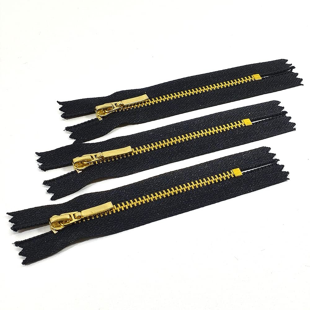 3 Pieces/Pack Zipper Brass Closed 8cm, Metal Zipper 3#, Zipper for Sewing, Black and Golden, (8cm, 999)