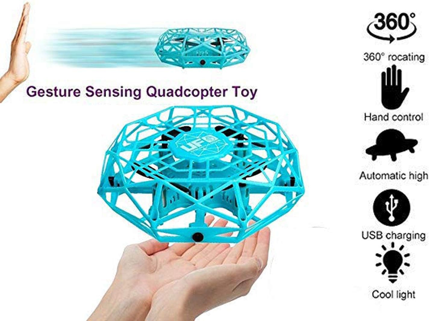 Jimwey Jicson J33 Hand Operated Sensing Mini Drone Helicopter, Controlled 360° Rotating UFO with Bright LED Lights Drones for Kids or Adults (Multicolour)