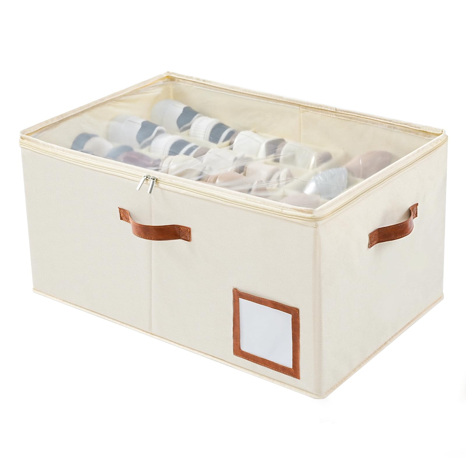 INSTY Shoe Organizer for Closet Fit 24 Pairs, Large Foldable Shoe Storage Containers Box Bin w/Adjustable Dividers and Clear Cover, Space Saving Shoe Storage Organizer Box, Beige Image