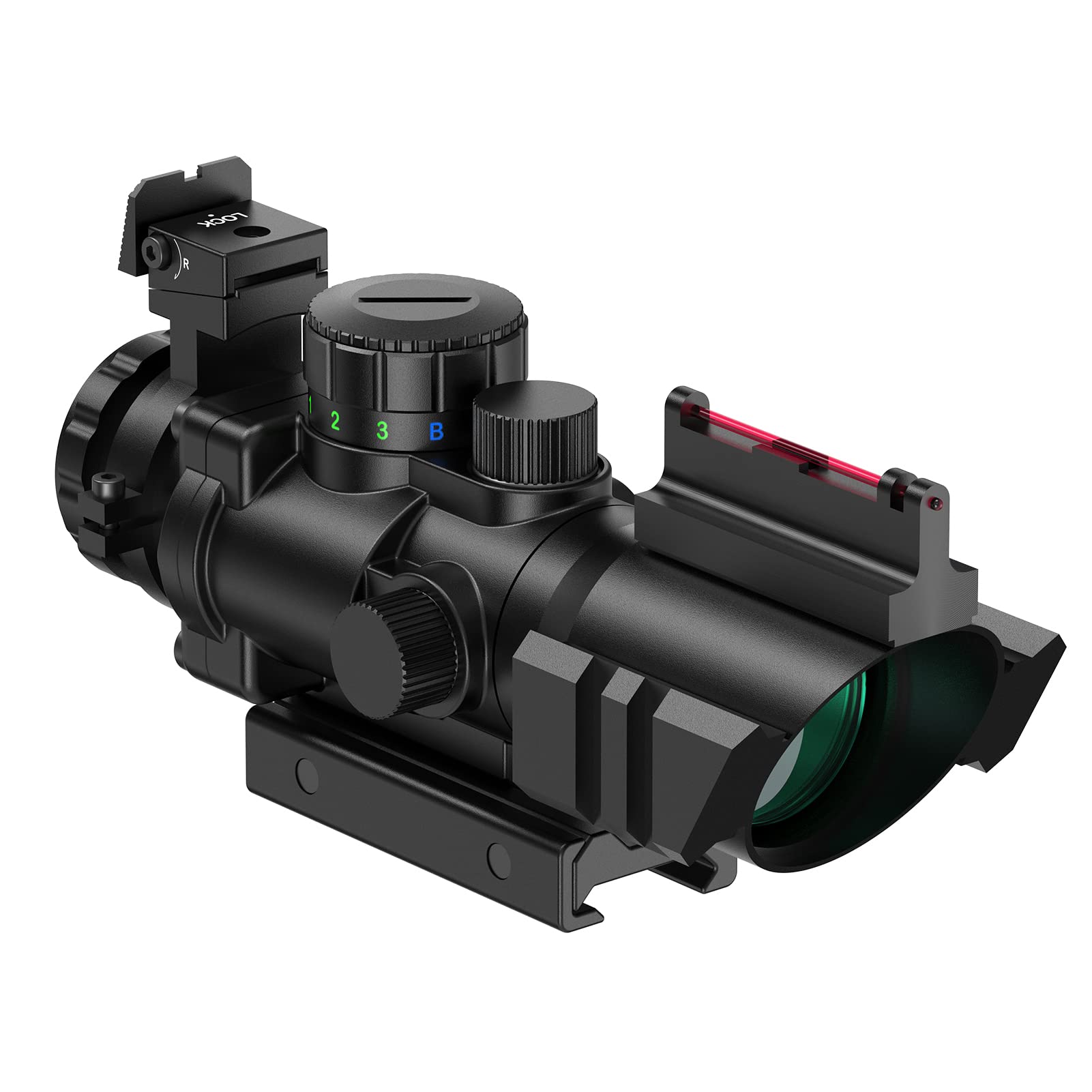 Feyachi R122 Rifle Scope, 4X32mm Red/Green/Blue Illuminated Rapid Range Reticle, Red Dot Sight with 2 Fibre Optic Sights, Airsoft Gun Scope Compatible with 20mm/22mm Picatinny Rail Mounts (classic)