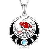 Yorionke Mushroom Necklace Sterling Silver Moonstone Moon Phase Pendant Necklace Magical Mushroom Jewelry Gifts for Women
