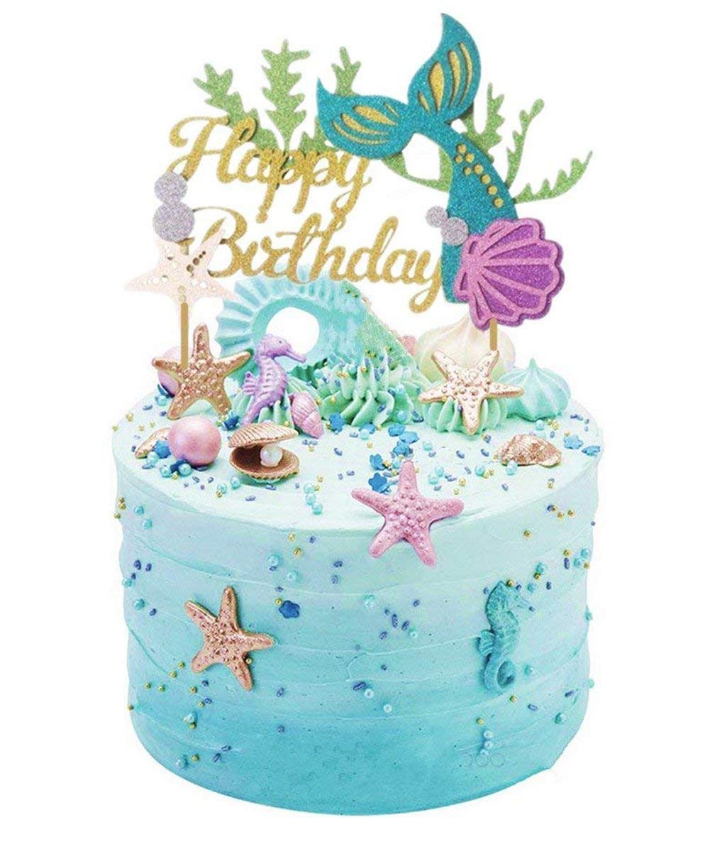 SONSMER Glitter Mermaid Cake Topper Happy Birthday Cake Picks Mermaid Cake Decoration for Mermaid Baby Shower Birthday Party Supplies