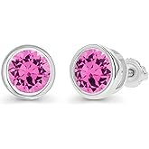 14K Gold Plated 925 Sterling Silver Hypoallergenic 7mm Round Bezel Set Genuine Birthstone Solitaire Screwback Stud Earrings