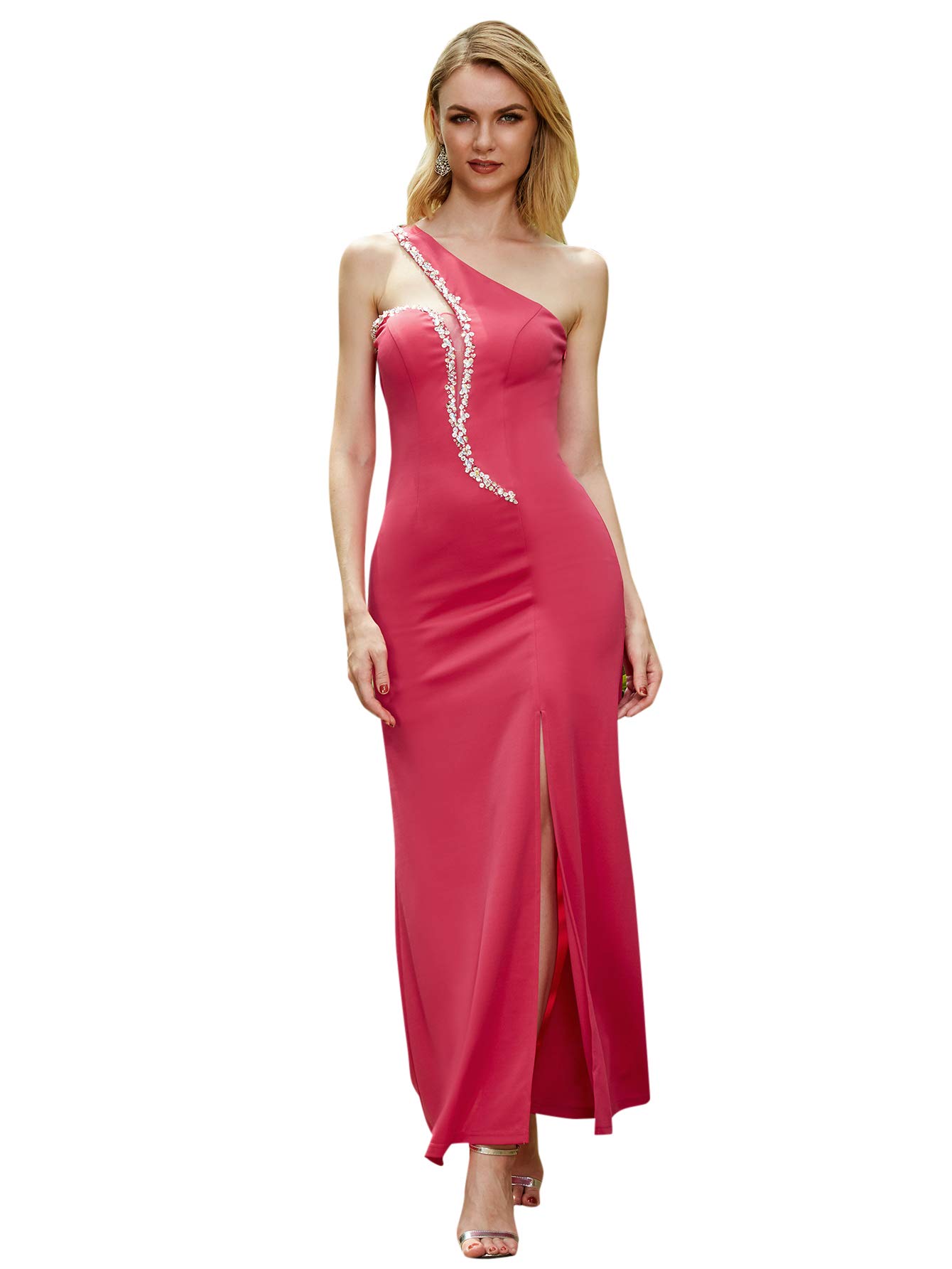 Angel-fashions Women Oblique Split Rhinestones Long Party Dress Small Red