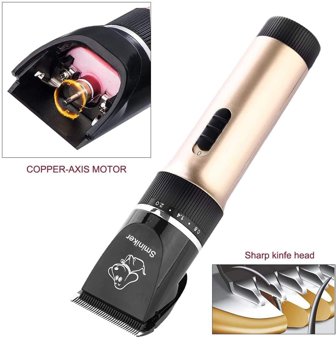 Sminiker Professional Low Noise Rechargeable Cordless Cat Dog Horse Clippers Professional Pet Clippers Grooming Kit, animal clippers Pet Grooming Kit(Gold)