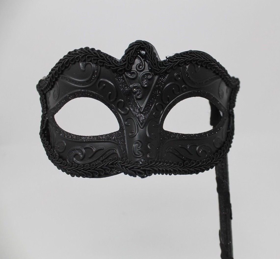 MASK & CO VENETIAN MASQUERADE PARTY EYE MASK ON A STICK MIDNIGHT BLACK,8cm Deep exc Stick