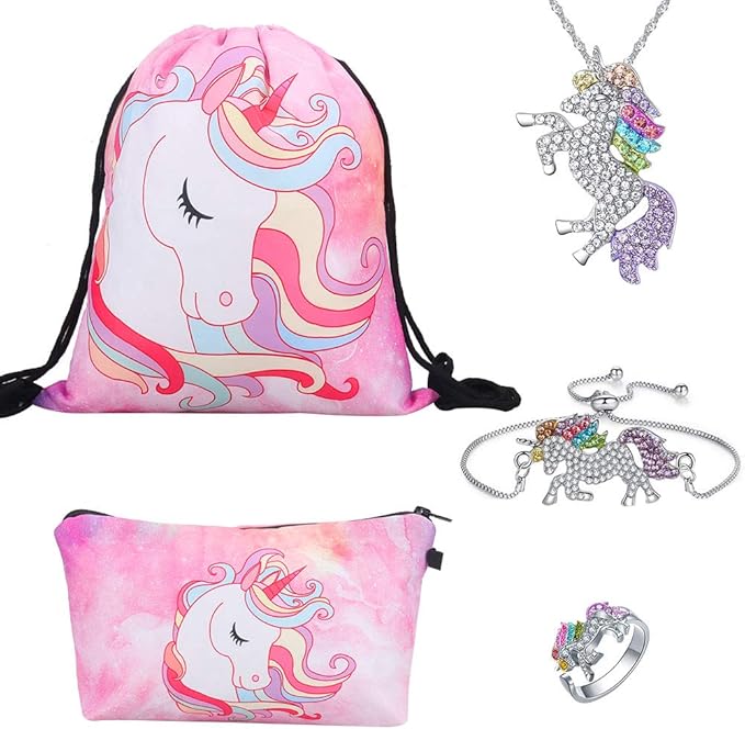 Einhorn Schmuck Set Für Mädchen - Halskette, Armband, Ring & Ohrringe Im Set