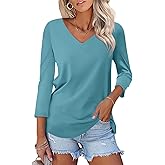 Minetom Women's V Neck 3/4 Sleeve T Shirt Solid/Color Block Casual Basic Tops Summer Tees