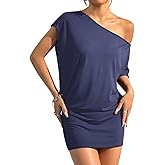 SOLY HUX Women's Off The Shoulder Mini Dress Going Out Asymmetrical Neck Short Sleeve Casual Bodycon T Shirt Dresses