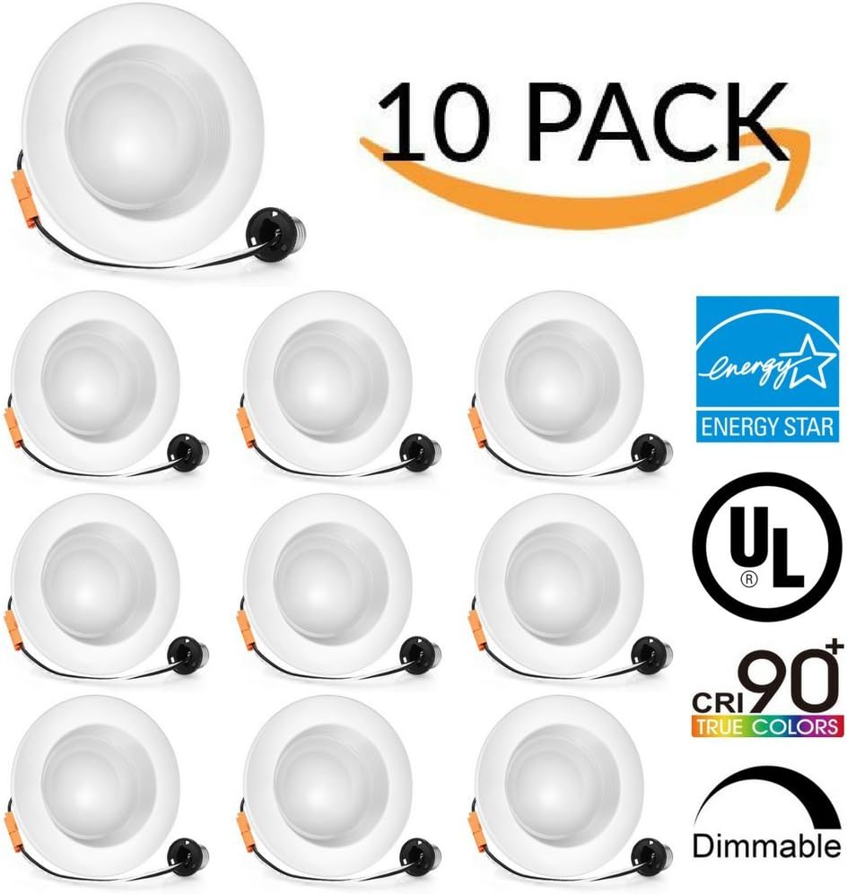 Four Bros 4 Inch Dimmable Recessed LED Downlight, 10W (75W Equivalent), 5000K (Daylight), Retrofit Lighting Fixture, 750 Lumens - Great for Cans Bathroom, Kitchen, Office (Daylight, 10 Pack)