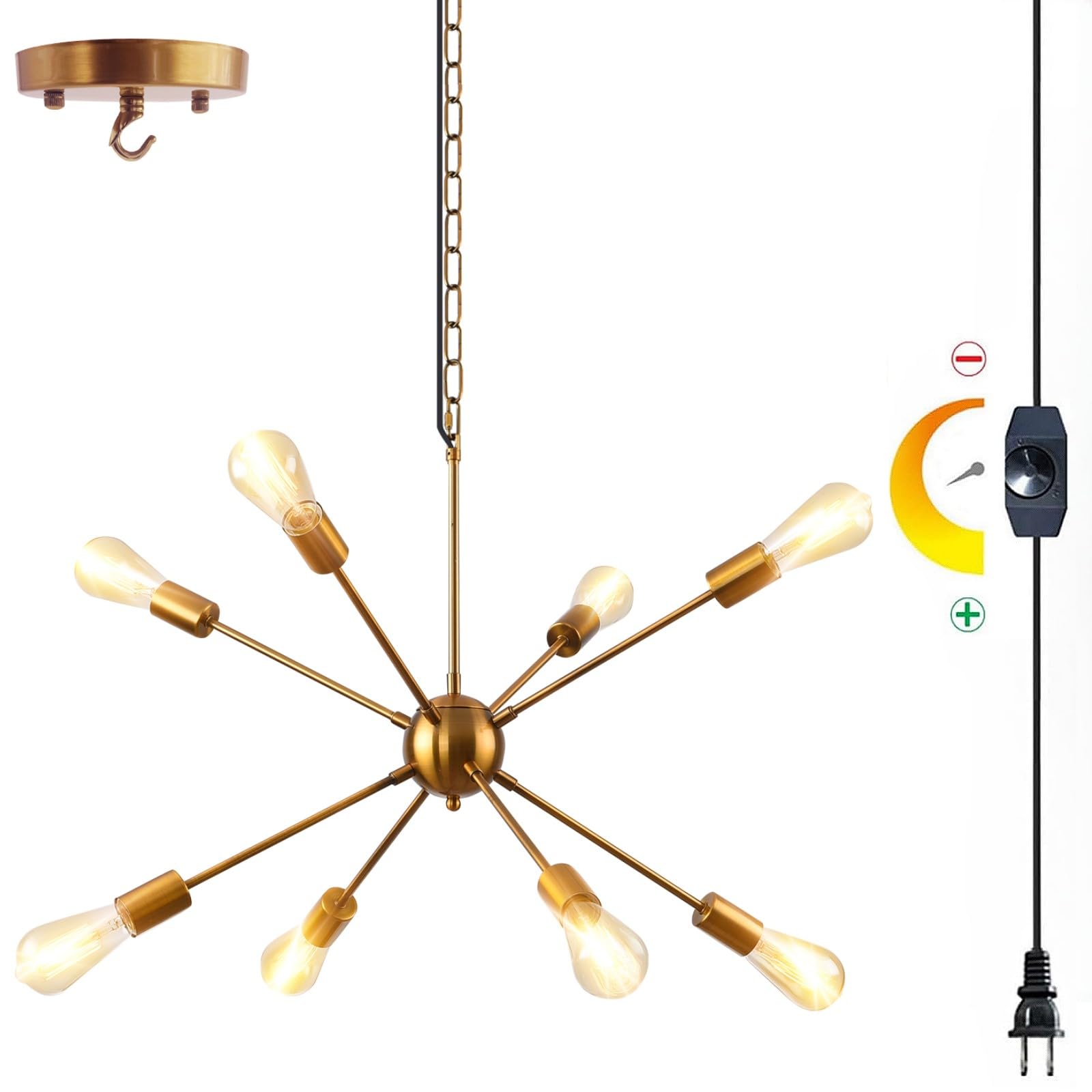 Photo 1 of HOXIYA 26.3" DIMMABLE Plug in Chandelier, Modern Sputnik Chandeliers Brushed Gold 8-Lights Plug in Pendant Light, Mid Century Hanging Ceiling Lighting Fixture for Dining Room Bedroom Kitchen Entryway