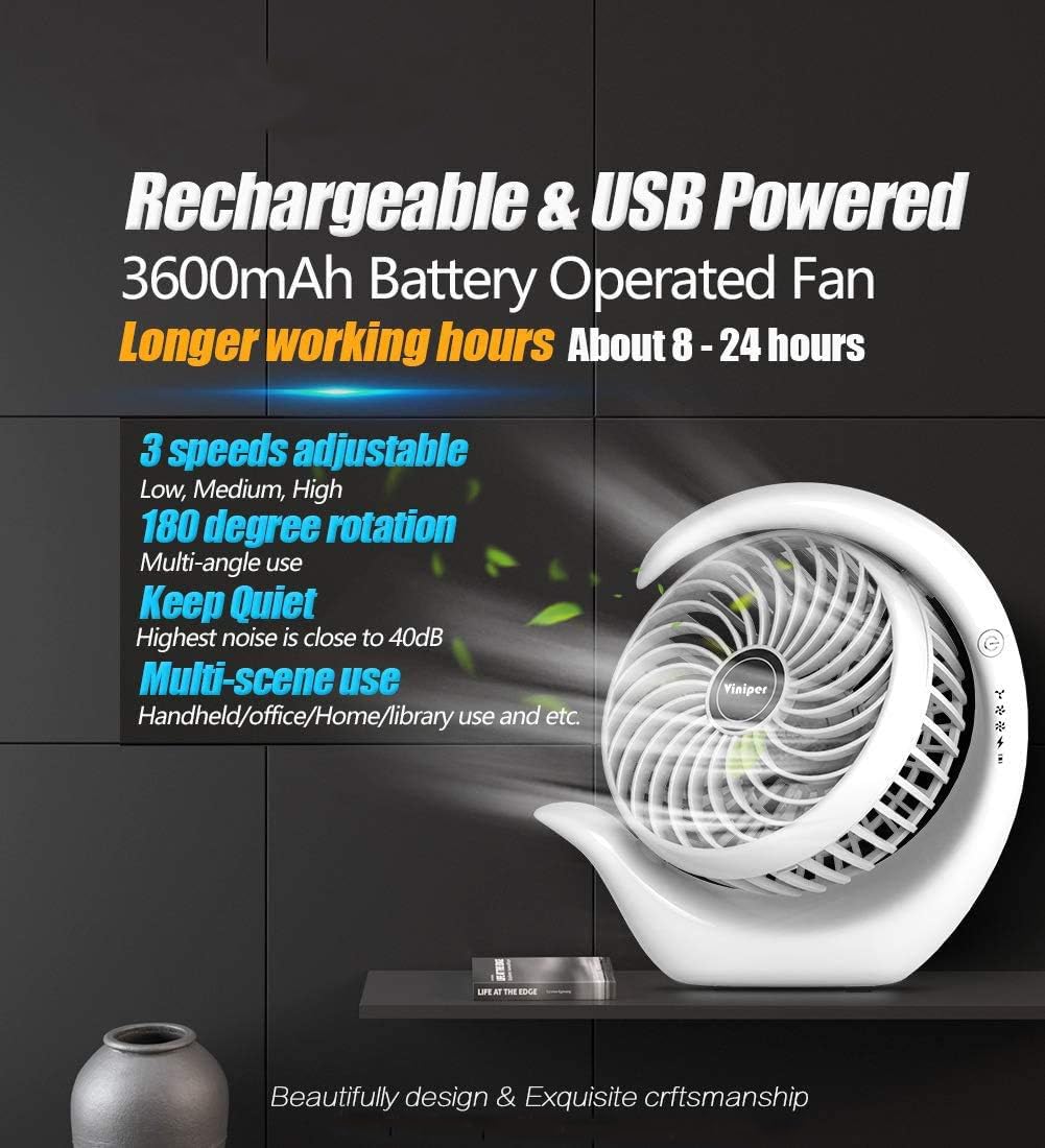 Viniper Portable Rechargeable Fan, Small Desk Fan : 3 Speeds & about 8-24 Hours Longer Working, 180 Rotation, Portable Desktop Fan Small but Mighty, Strong Wind (White, Light Black Blade)6.2 Inch