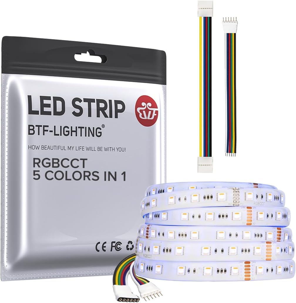 BTF-LIGHTING 5in1 RGBCCT 5050 5M 60LEDs/m 300LEDs RGB+Cold+Warm White LED Strips DC24V Ip65 Waterproof White PCB 5 Colour in 1 LED for Room Garden Home Decoration(Strips Only)