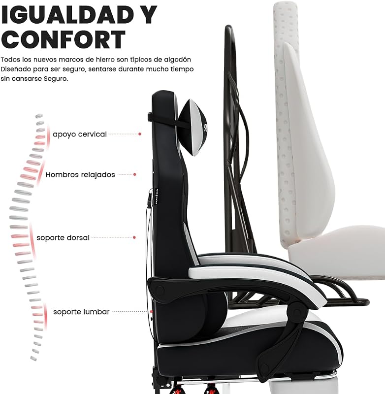Silla ergonómica para Videojuegos, de Oficina, de Piel sintética, con reposacabezas, ergonómica, con Soporte Lumbar, hasta 150 kg — foto 5 de 8