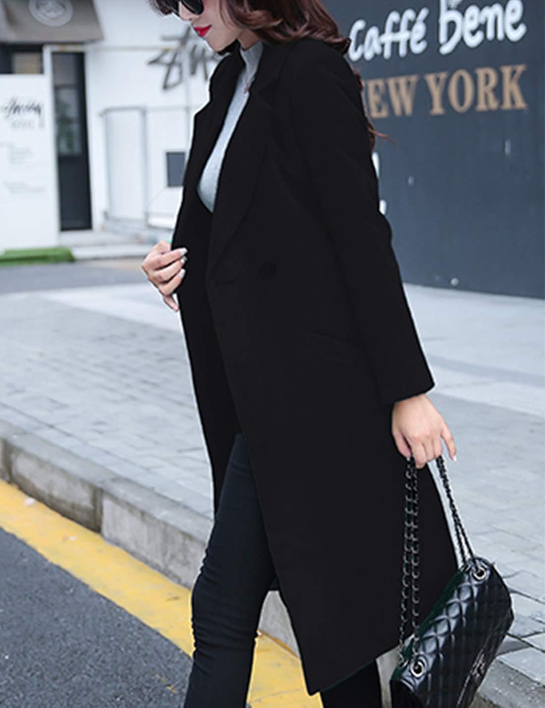 Tanming Women's Notch Lapel Double Breasted Wool Blend Mid Long Pea Trench Coat: Clothing