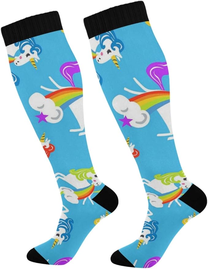 Unicorn Throws Rainbow Novelty Cotton Knee High Fun Socks