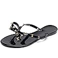 OMGard Studded Jelly Shoes for Womens Bow Flip Flops Jellies Sandals Flat Black Summer Beach Thong with Rivets Strappy Slides Slip On