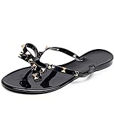 OMGard Studded Jelly Shoes for Womens Bow Flip Flops Jellies Sandals Flat Black Summer Beach Thong with Rivets Strappy Slides Slip On