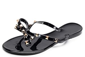 OMGard Studded Jelly Shoes for Womens Bow Flip Flops Jellies Sandals Flat Black Summer Beach Thong with Rivets Strappy Slides Slip On