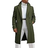 Runcati Mens Trench Coat Notched Lapel Double Breasted Mid Long Pea Coat Casual Fall Winter Classic Overcoat