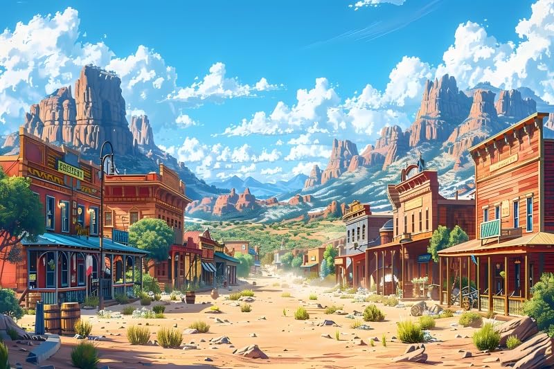 Photo 1 of Canessioa Cartoon Western Town Backdrop Comic Fairy Tale Western Desert Street Decorations Background Wild Cowboy Cowgirls Wood Buildings Backdrop Desert Mountain Baby Shower Studio Props 20x10ft