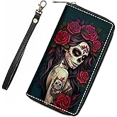 ZXHSBROK Sugar Skull Girl Roses Wallet for Women with Credit Card Holder Coin Money Clip PU Leather Zip Around Clutch Wallet
