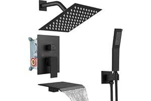 Midanya Shower System with Tub Spout,Bathtub Shower Faucet Set with Square Rainfall Head and Handheld Sprayer Wall Mount Tub Faucet Set with Valve and Trim Kit,8 Inch Matte Black