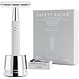 Double Edge Safety Razor with Stand, Reusable Metal Single Blade Razors for Men and Women, with 10 Platinum Coated Double Edge Safety Razor Blades, Women's Safety Shaving Razors, Silver