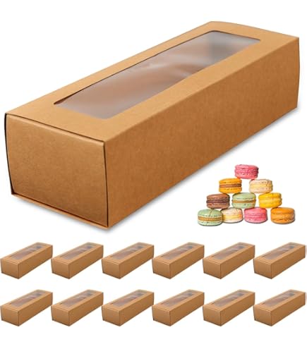 Cajas Pequeñas De Cartón Kraft Para Macarons - Pack De 50 Unidades Con Ventana Transparente Y 105 Etiquetas Adhesivas