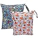 Baby Wet Bag Dry Bag Splice Cloth Diaper Wet Bags Waterproof Small Size with Zipper Snap Handle Pack of 2 (Blue Flower and Fox)