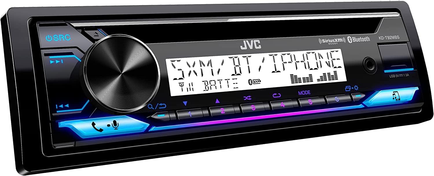 JVC KD-T92MBS Marine Powersport Audio CD Receiver 22W RMS/50W Max x 4, Bluetooth, USB, Time Alignment, 13 Band EQ, 2/3 Way Crossover, 6-Channel 4V Pre-Amp Output, Adjustable Color LED Display