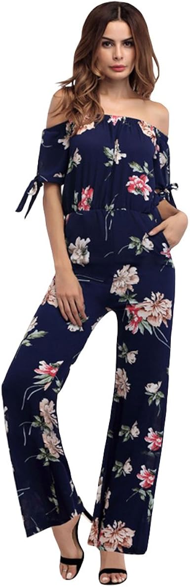 flower embroidery off shoulder wide leg jumpsuit