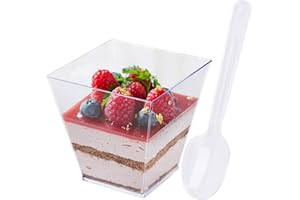 Tosnail 80 Pack 4 Oz Square Clear Plastic Mini Dessert Tumbler Cups with 100 Piece Dessert Spoons for Wedding, Party