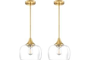 SEENMING HOUSE 2 Pack 1 Light Hanging Indoor Kitchen Island Pendant Ceiling Light 8.2" Drum Clear Glass Shade Fixture,Gold Finish Modern Farmhouse Dinning Over Sink Adjustable Rod