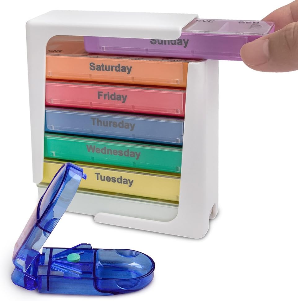 EZs_Store 7 Day Pill Organizer Box, Travel Medication Pill Dispenser with Pill Cutter Four Times