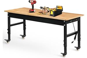 Betterhood 60" Adjustable Workbench for Garage, Rubber Wood Heavy Duty Workstation with Power Outlets & Wheels, 2000 LBS Load Capacity Hardwood Worktable for Workshop, Garage, Office, Home, Commercial