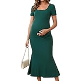 MARI GABRIEL Womens Maternity Dress Bodycon Fitted Stretchy Ribbed Mermaid Midi Summer Pregnancy Dresses for Wedding Guest