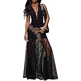 RARITYUS Women's Elegant Floral Lace Maxi Dress Sexy See Through V Neck Bodycon Long Dress Ruffle Hem Party Dresses