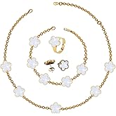 Ninejuize 18K Gold Plated Clover Necklace St. Patrick Five Leaf Clover Bracelet Pendant Ring Earrings Jewelry Set for Women