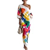 stylewe Maxi Dress for Women One Shoulder 3/4 Sleeve Abstract Print Vacation Dresses with Pockets
