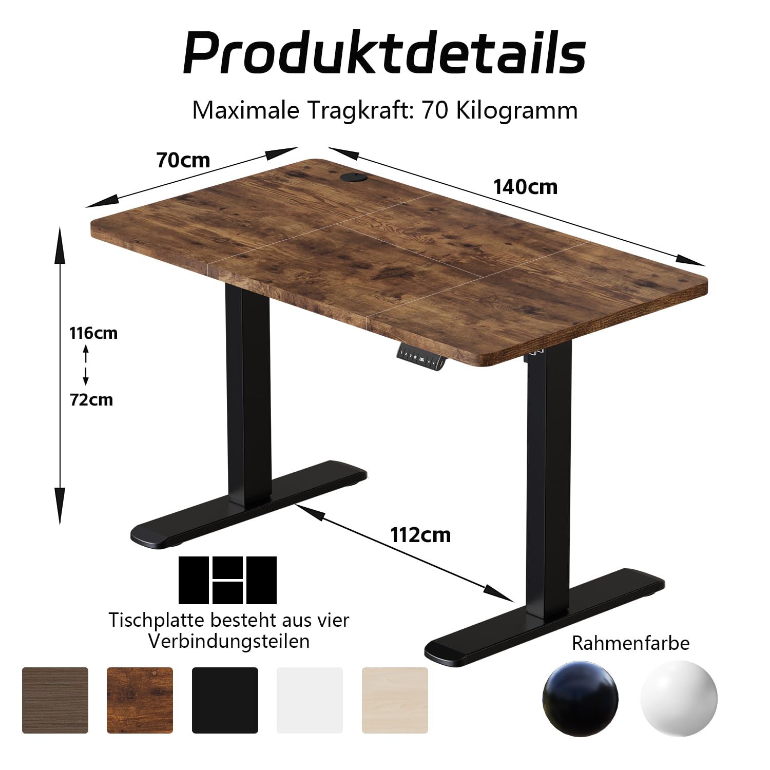 Airfish Höhenverstellbarer Schreibtisch 140x70 cm, Elektrisch Schreibtisch mit Kabelwanne, Computertisch mit USB-Buchse, Bürotisch, Stehpult mit Erinnerung an sitzende Tätigkeiten, Vintage-Braun 3