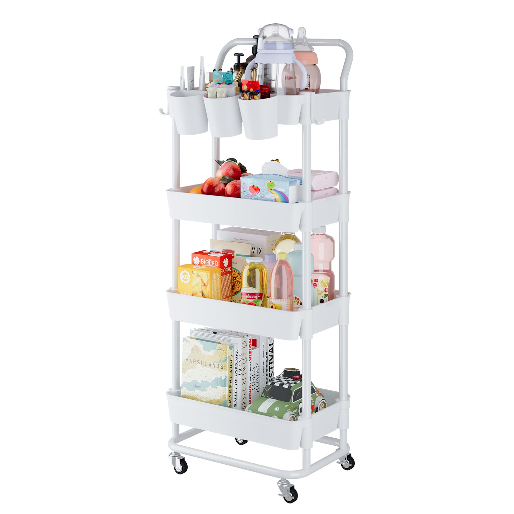 Photo 1 of Buzowruil 4-Tier Rolling Utility Cart, Storage Cart with Handle Multi-Purpose and Locking Wheels,with Hanging Basket and Hook for Office, Kitchen, Bathroom,White