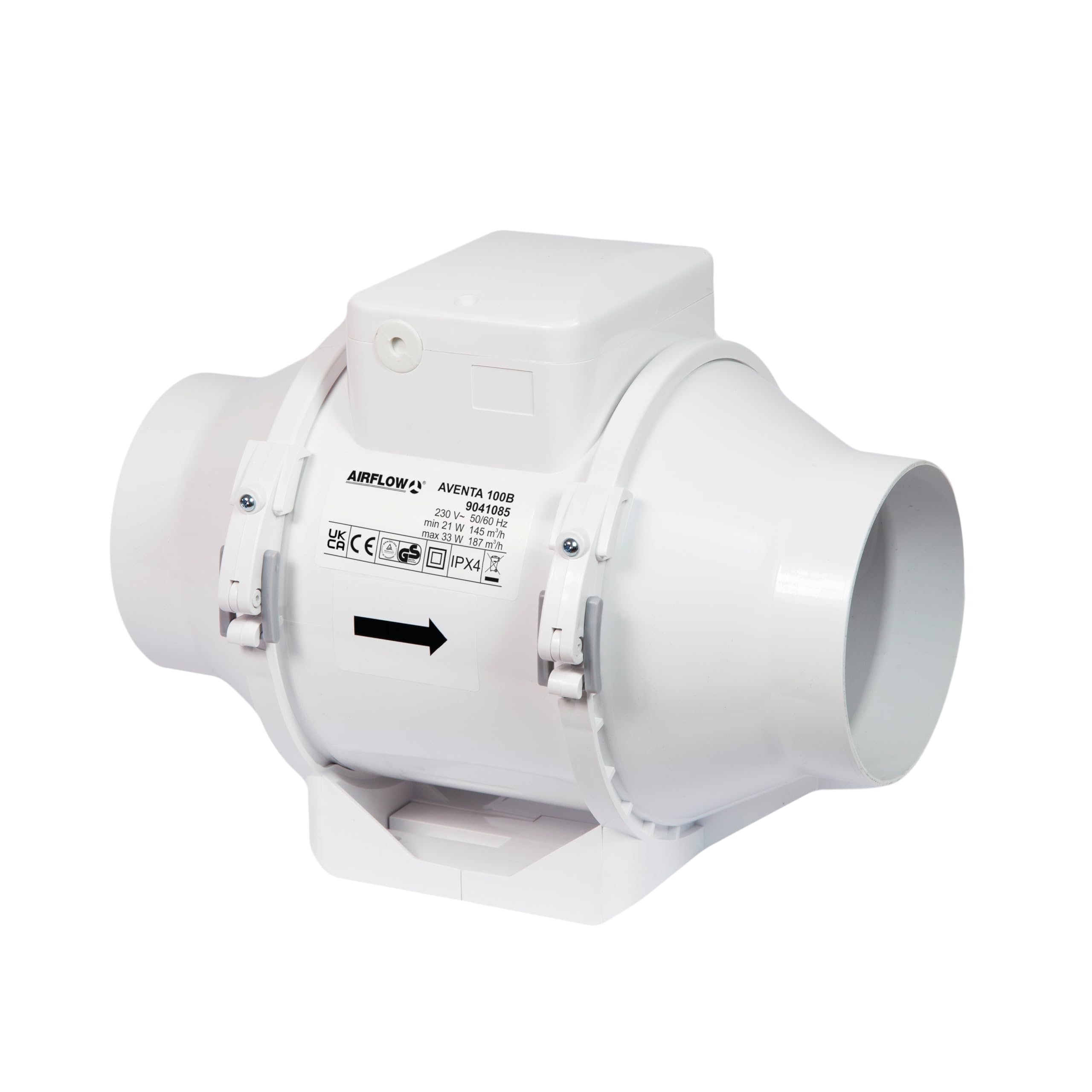 Airflow Aventa 100B In-Line Mixed Flow Extractor Fan – 21W Energy-Saving Ventilation, 40-52 l/s (145-187 m³/h) Flow Rate, IPX4 Rated, Compact Design (190x246x126 mm), Fits 100mm Duct, 3-Year Warranty