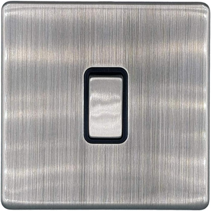 Klite Single Light Switch 1 Gang Flat Screwless Brushed Chrome Black Insert – Metal Rocker Switches – 10A 1 Gang 2 Way Switch