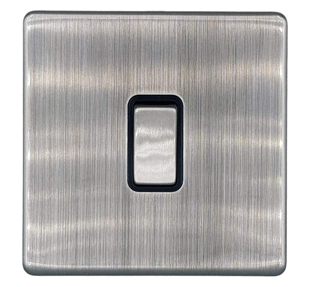 Klite Single Light Switch 1 Gang Flat Screwless Brushed Chrome Black Insert – Metal Rocker Switches – 10A 1 Gang 2 Way Switch
