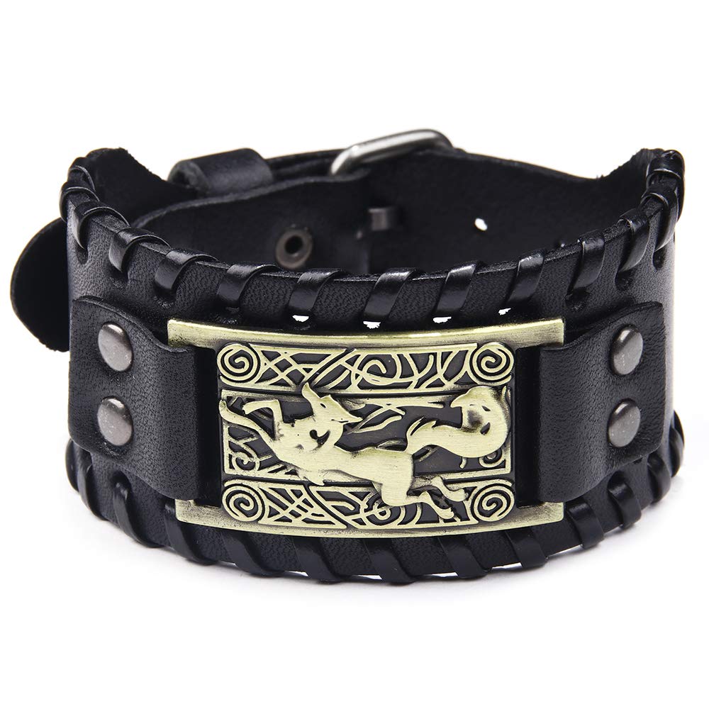 Thajaling Black Leather Wristband Men's Fox Bracelet Titanium Wide Bangle Adjustable Leather Cuff