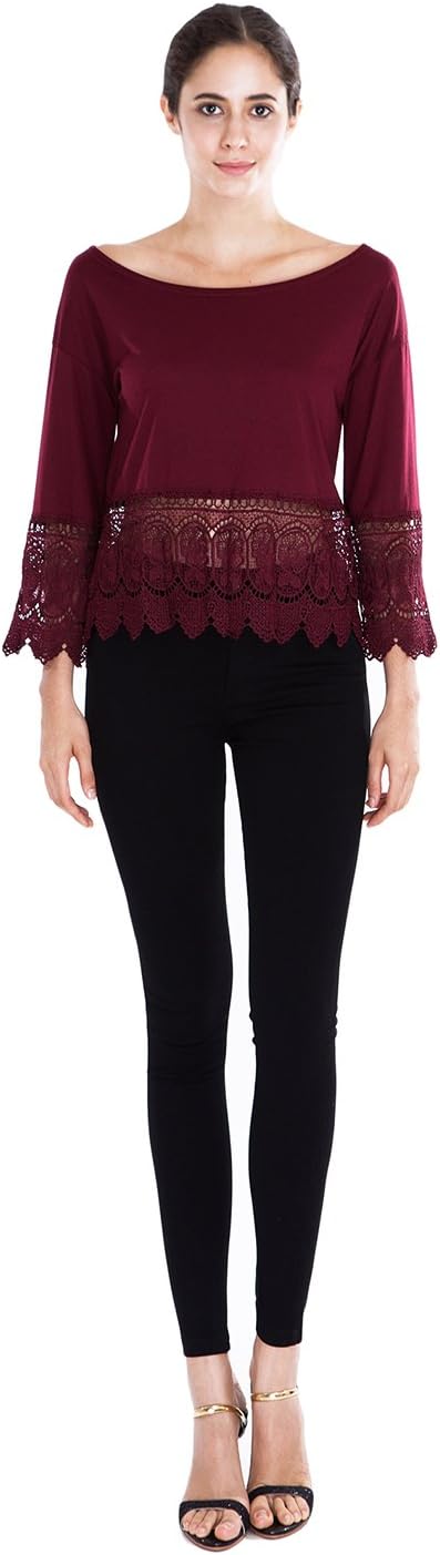 Kiwinny Round Neck Crochet Lace Trim Loose Fit Blouse Top WINERED X-LARGE